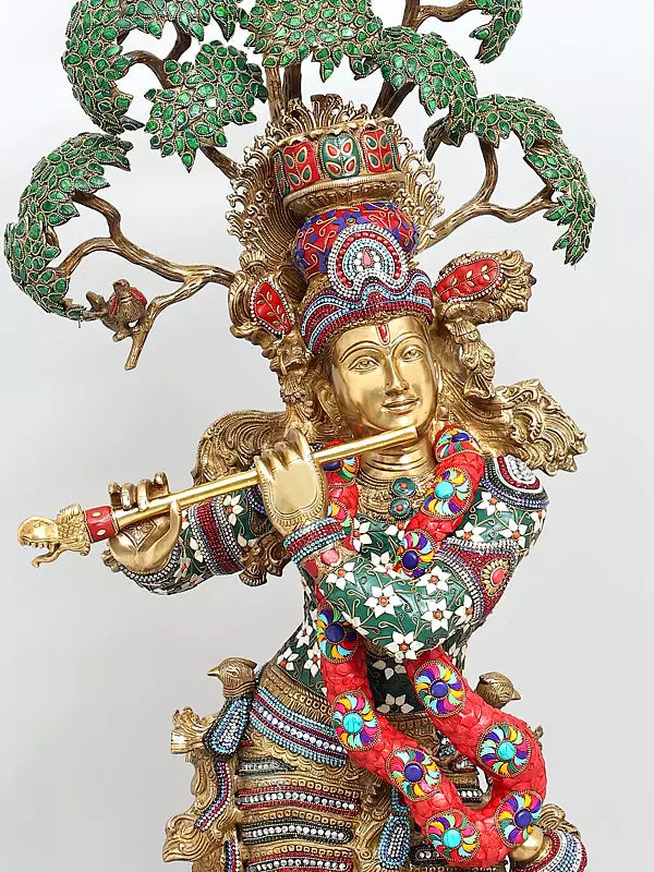 Brassaura® Krishna Stone Work Statue | Height 58 Inches & Weight 80.55 kg