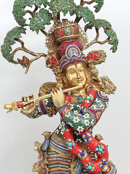 Brassaura® Krishna Stone Work Statue | Height 58 Inches & Weight 80.55 kg