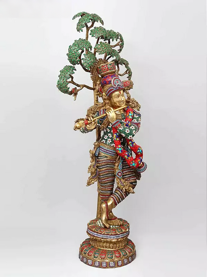 Brassaura® Krishna Stone Work Statue | Height 58 Inches & Weight 80.55 kg
