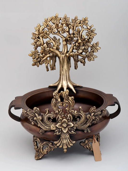 Brassaura® Decorative Brass Urli with Tree of Life | Height 14 Inches & Weight 5.42 kgs