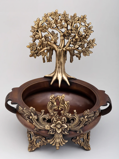Brassaura® Decorative Brass Urli with Tree of Life | Height 14 Inches & Weight 5.42 kgs