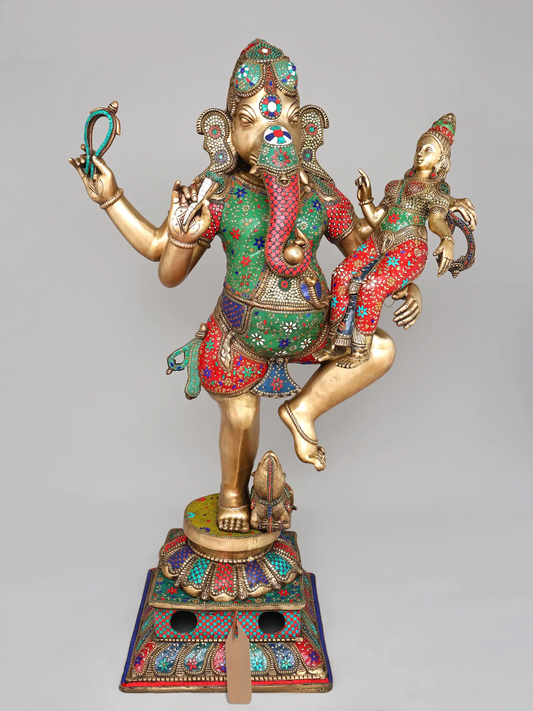 Brassaura® Lord Ganesha with Goddess Lakshmi Brass Statue with Inlay Work | Height 65 Inches & Weight 161.21 kgs