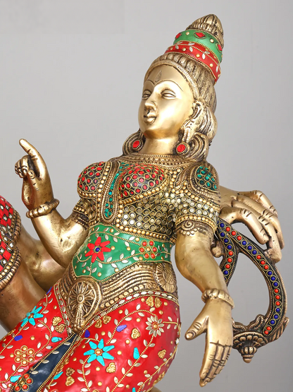 Brassaura® भगवान गणेश और देवी लक्ष्मी पीतल की जड़ाऊ काम वाली मूर्ति | ऊंचाई 65 इंच और वजन 161.21 किलोग्राम