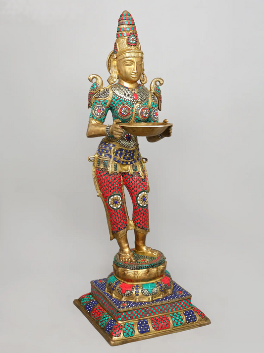 Brassaura® Deep Lakshmi Standing Oil Lamp | Brass Statue with Inlay Work | Height 48.03 Inches & Weight 39 kgs
