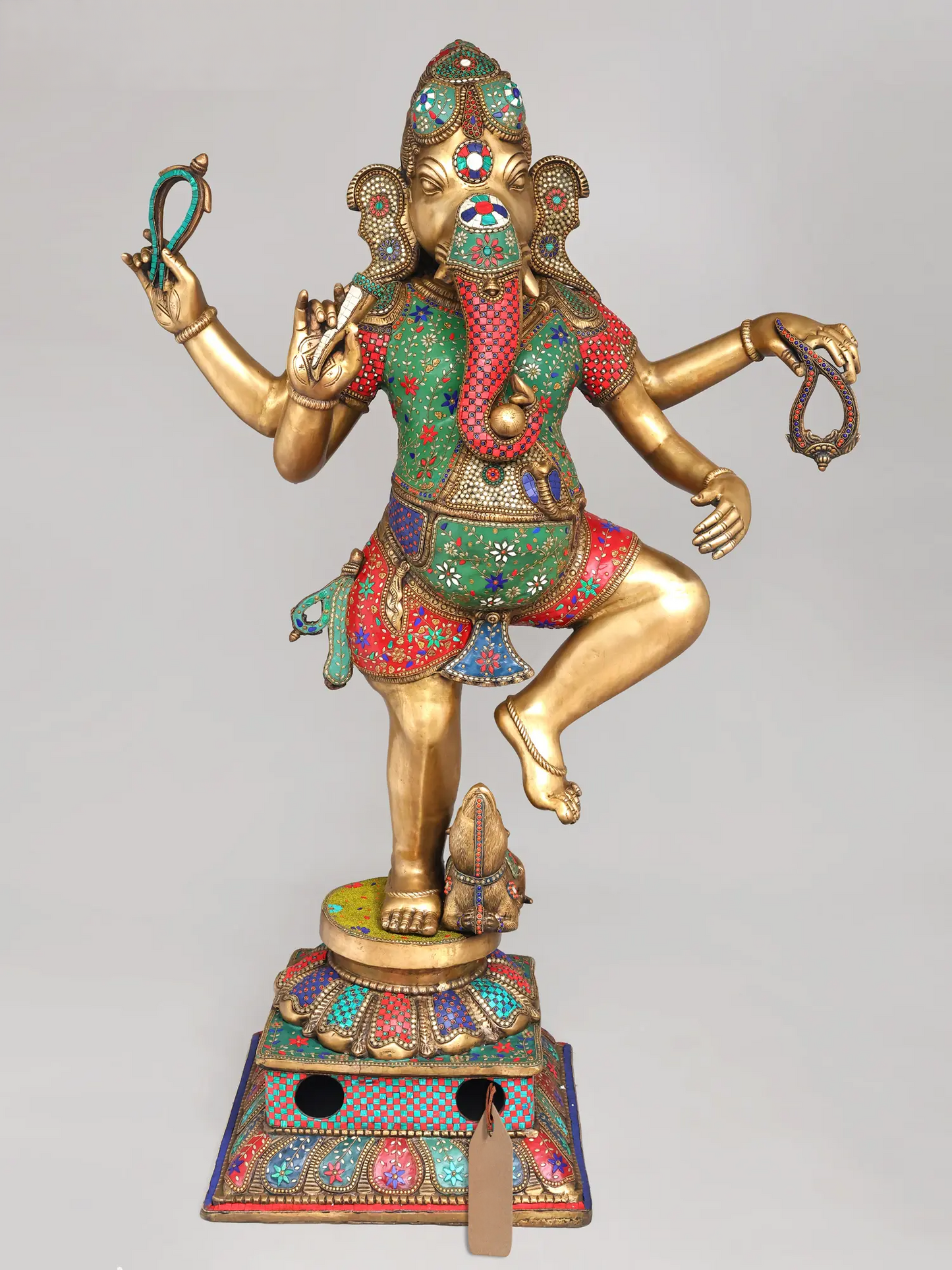 Brassaura® इनले वर्क के साथ बड़ा नाचते हुए गणेश जी की प्रतिमा | ऊंचाई 65 इंच और वज़न 161.21 किलोग्राम
