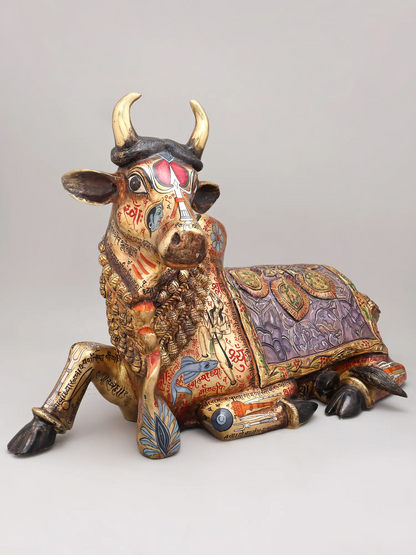 Brassaura® Nandi Sitting Idol with Multi-Color Finish | Pure Superfine Brass Handcrafted Murti | Brass Statue for Home Temple, Pooja Room | Height 17 Inches | Weight 18.57 Kgs