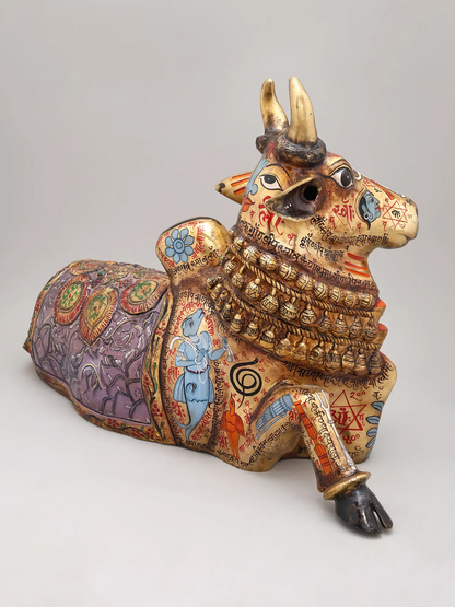 Brassaura® Nandi Sitting Idol with Multi-Color Finish | Pure Superfine Brass Handcrafted Murti | Brass Statue for Home Temple, Pooja Room | Height 17 Inches | Weight 18.57 Kgs