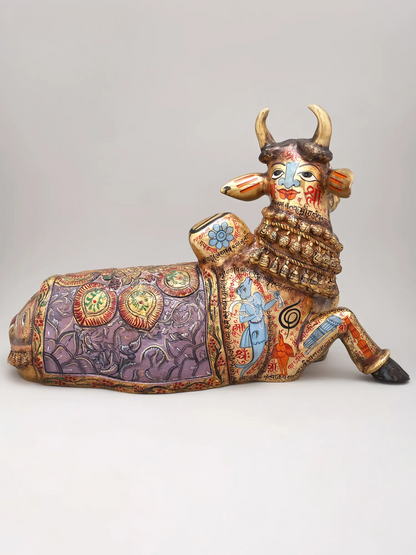 Brassaura® Nandi Sitting Idol with Multi-Color Finish | Pure Superfine Brass Handcrafted Murti | Brass Statue for Home Temple, Pooja Room | Height 17 Inches | Weight 18.57 Kgs