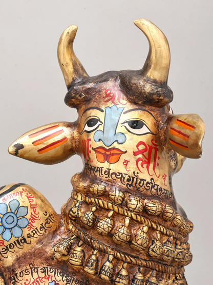 Brassaura® Nandi Sitting Idol with Multi-Color Finish | Pure Superfine Brass Handcrafted Murti | Brass Statue for Home Temple, Pooja Room | Height 17 Inches | Weight 18.57 Kgs