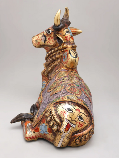 Brassaura® Nandi Sitting Idol with Multi-Color Finish | Pure Superfine Brass Handcrafted Murti | Brass Statue for Home Temple, Pooja Room | Height 17 Inches | Weight 18.57 Kgs