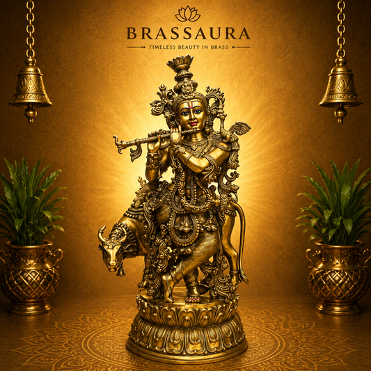 Brassaura® Brass Krishna Flute Player with Cow Statue | Height 45 Inches