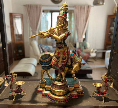 Brassaura® Brass Krishna Playing Flute with Cow Statue | Height 26 Inches