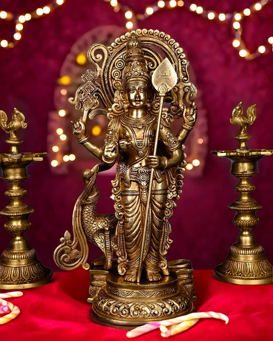 Brassaura™ Handcrafted Lord Murugan Statue in Superfine Brass – 20 Inches Height, 15 Kgs – With Peacock & Cobra
