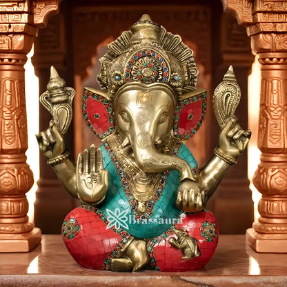 Brassaura™ Brass Gem Stone Work Ganesha Idol | Height 15.5 Inches & Weight 13.8 Kgs