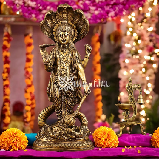 Brassaura™ Handcrafted Superfine Brass Lord Vishnu Idol with Sheshanaag Crown | 17 Inch Height | 8.55 KG Weight | Exquisite Craftsmanship