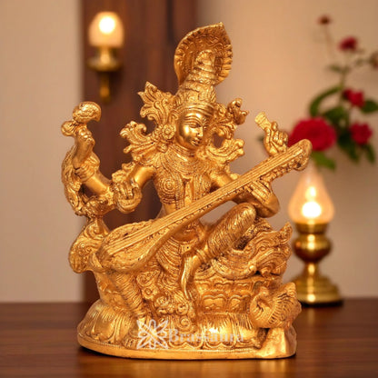 Brassaura™ Brass Saraswati Mata Idol – Height 11 Inches & Weight 5.3 Kgs | Spiritual Hindu Figurine