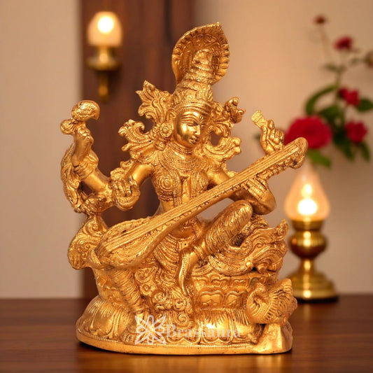 Brassaura™ Brass Saraswati Mata Idol – Height 11 Inches & Weight 5.3 Kgs | Spiritual Hindu Figurine