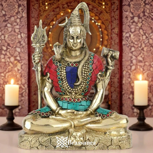 Brassaura™ Luxurious Brass Lord Shiva Murti with Gemstones – Height 9 Inches & Weight 2.8 Kgs | Spiritual Décor