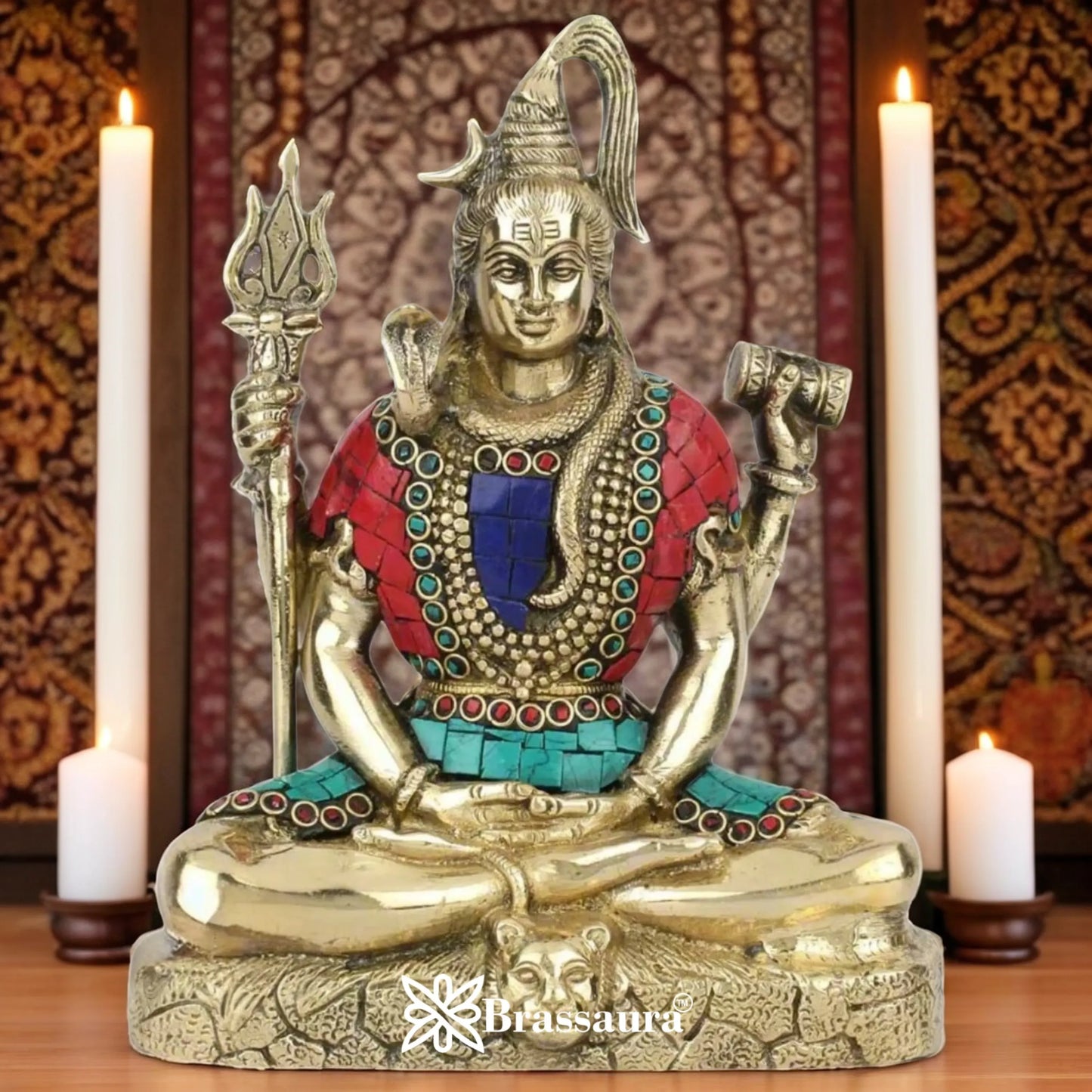 Brassaura™ Luxurious Brass Lord Shiva Murti with Gemstones – Height 9 Inches & Weight 2.8 Kgs | Spiritual Décor