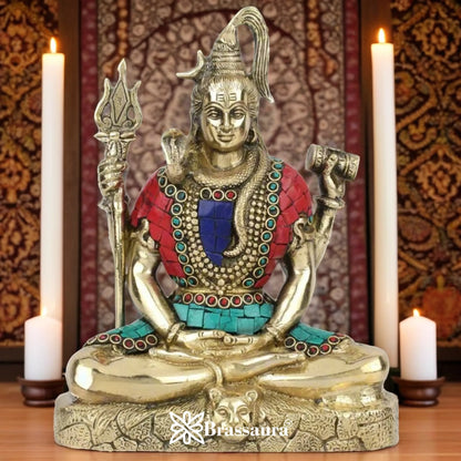 Brassaura™ Luxurious Brass Lord Shiva Murti with Gemstones – Height 9 Inches & Weight 2.8 Kgs | Spiritual Décor