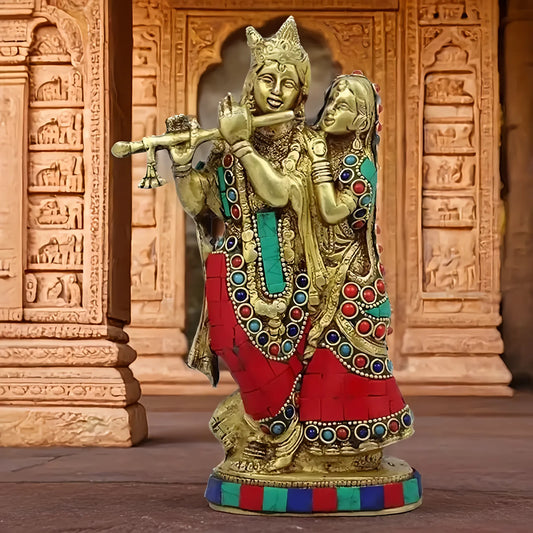 Brassaura™ Radha Krishna Murti with Gemstone Work | Pure Brass | Height 23 cm (9 Inches) & Weight 1.5 Kgs
