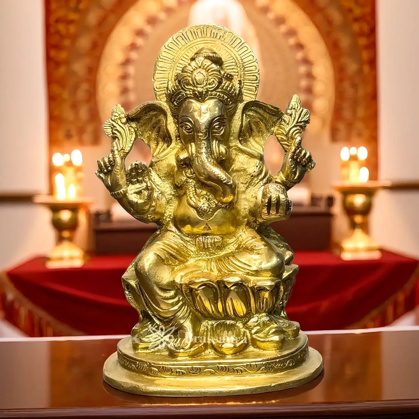 Brassaura™ Brass Lotus Ganesha Murti – Height 7.87 inches | Weight 1.9 kgs
