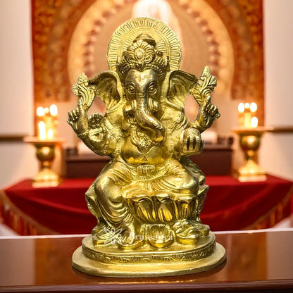 Brassaura™ Brass Lotus Ganesha Murti – Height 7.87 inches | Weight 1.9 kgs