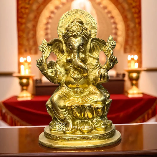 Brassaura™ Brass Lotus Ganesha Murti – Height 7.87 inches | Weight 1.9 kgs