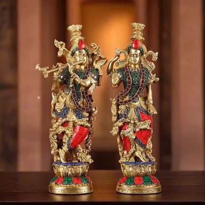 Brassaura™ Handcrafted Brass Radha Krishna Statue with Natural Stones – Height 14 Inches & Weight 8.5 Kgs | Elegant Devotional Idol