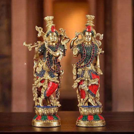Brassaura™ Handcrafted Brass Radha Krishna Statue with Natural Stones – Height 14 Inches & Weight 8.5 Kgs | Elegant Devotional Idol
