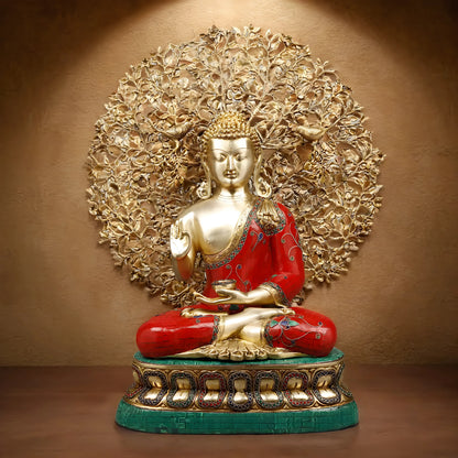 Brassaura™ Brass Buddha Statue under Kalpavriksha Tree – Height 29 Inches | Weight 31.98 Kgs | Meenakari Stonework