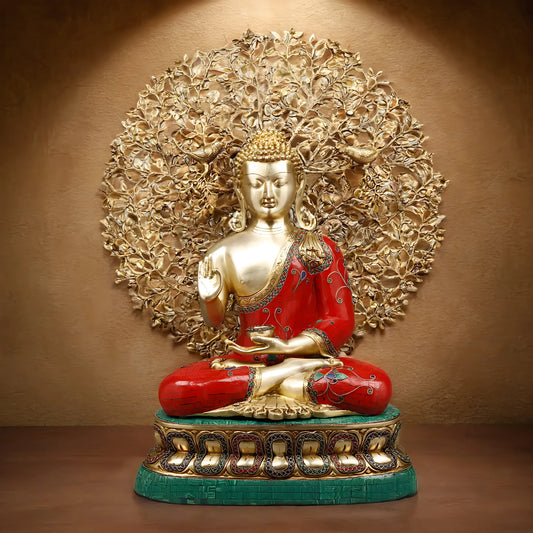Brassaura™ Brass Buddha Statue under Kalpavriksha Tree – Height 29 Inches | Weight 31.98 Kgs | Meenakari Stonework