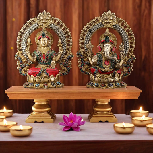 Brass Gem Stone Work Lakshmi Ganesh Height 9.5 Inches & Weight 6.8 Kgs
