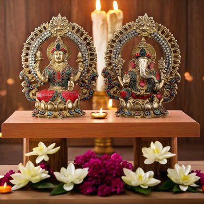 Brass Gem Stone Work Lakshmi Ganesh Height 9.5 Inches & Weight 6.8 Kgs