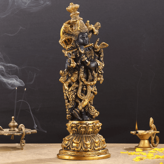 Brassaura™ Lord Krishna Brass Idol | Black & Gold Finish | Height 15 Inches & Weight 5 Kgs