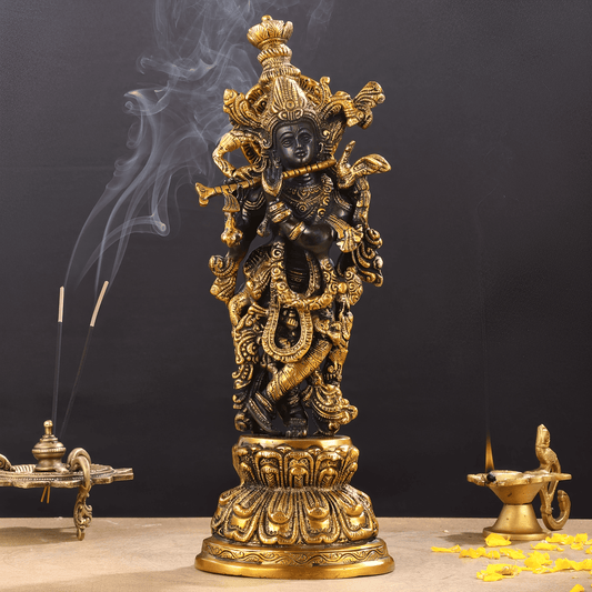 Brassaura™ Lord Krishna Brass Idol | Black & Gold Finish | Height 15 Inches & Weight 5 Kgs
