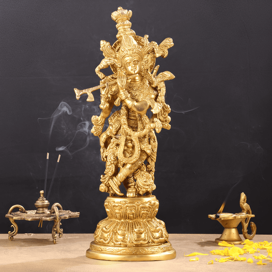 Brassaura™ Lord Krishna Brass Idol | Golden Finish | Height 15 Inches & Weight 5 Kgs