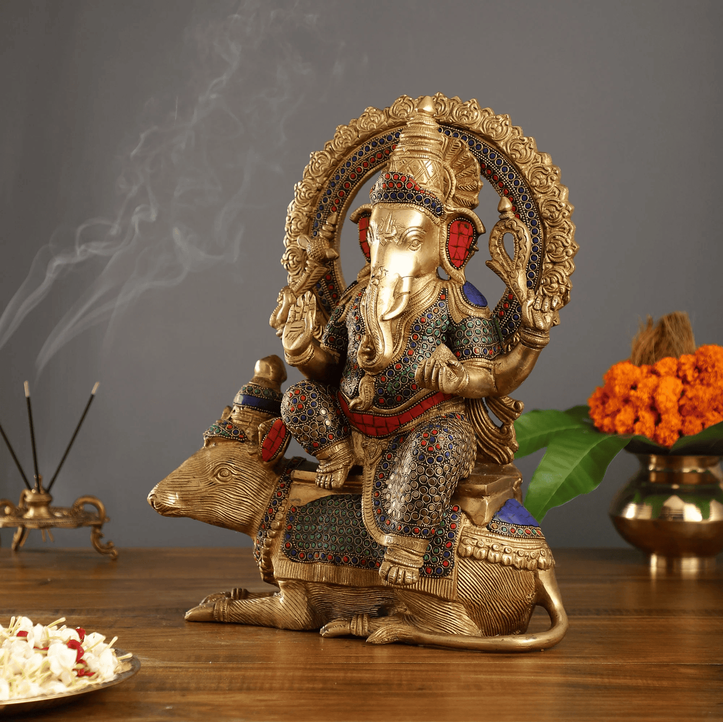 Brassaura™ Brass Ganesha on Big Mouse Statue with Meenakari Work & Natural Stones | Height 16 Inches & Weight 16 Kgs