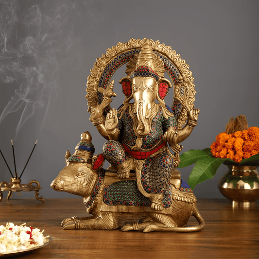 ब्रासोरा® बड़ी चूहे पर पीतल गणेश मूर्ति मीनाकारी कार्य और प्राकृतिक पत्थरों के साथ | ऊँचाई 16 इंच