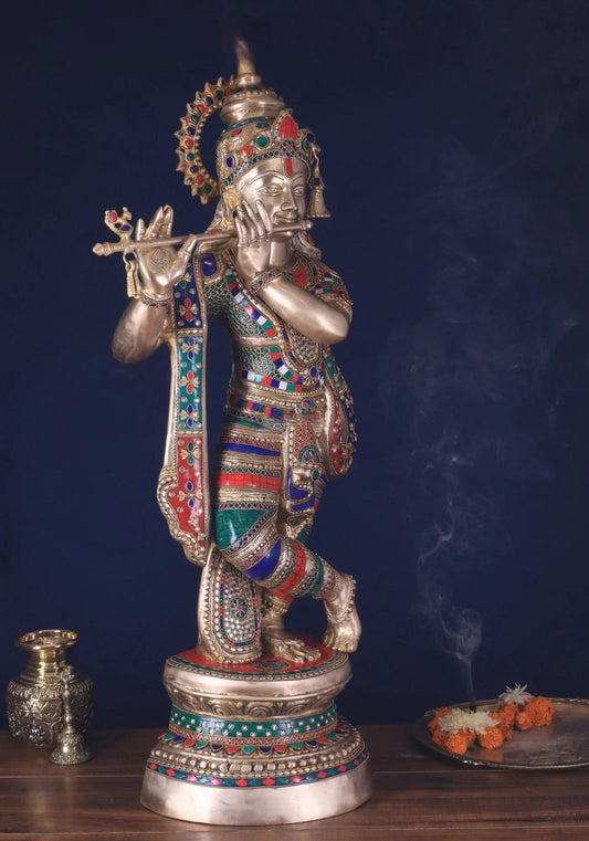 Brassaura™ Large Brass Lord Krishna Statue | Handcrafted Fine Detailing | Height 36 Inches & Weight 22.8 Kgs