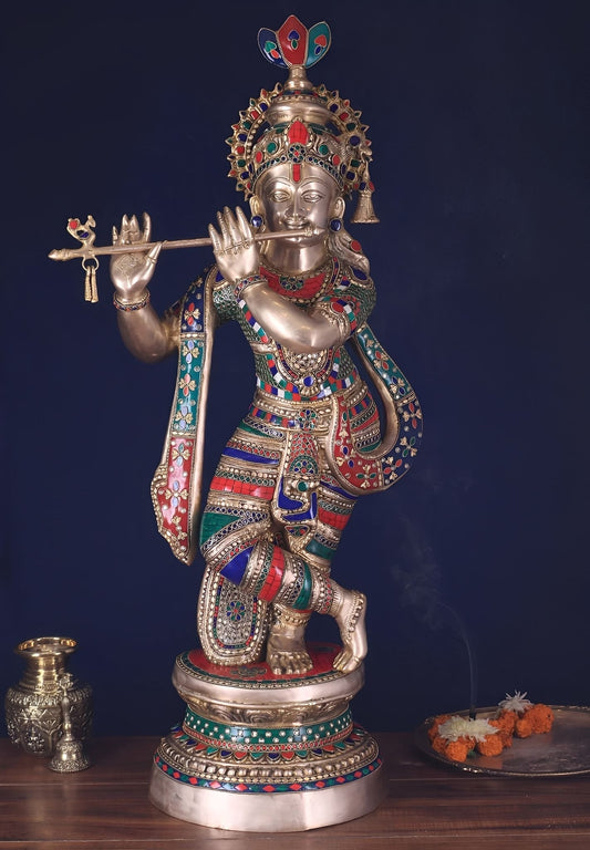Brassaura™ Large Brass Lord Krishna Statue | Handcrafted Fine Detailing | Height 36 Inches & Weight 22.8 Kgs