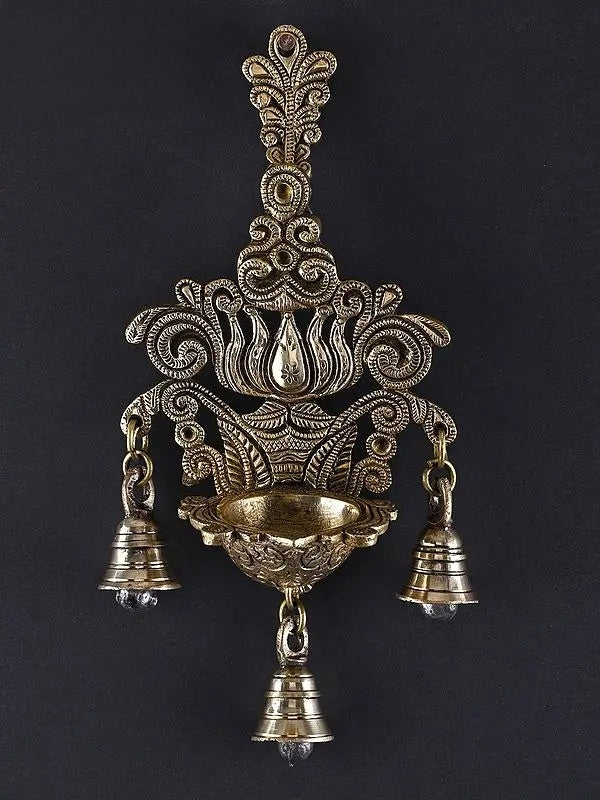 Brassaura™ Brass Lotus Design Wall Hanging Lamp with Bells – Height 10.43 inches | Weight 0.88 kgs