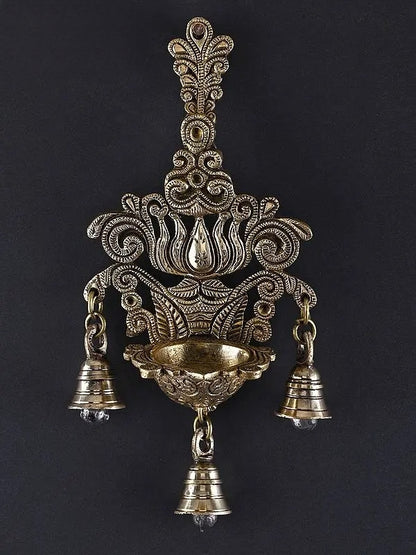 Brassaura™ Brass Lotus Design Wall Hanging Lamp with Bells – Height 10.43 inches | Weight 0.88 kgs