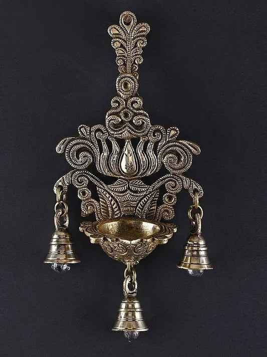 Brassaura™ Brass Lotus Design Wall Hanging Lamp with Bells – Height 10.43 inches | Weight 0.88 kgs