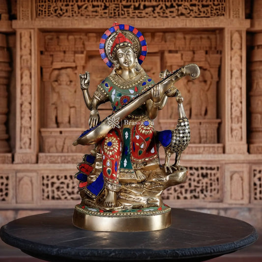 Brass Gem Stone Work Saraswati for Home and Decor Height 15 Inches & Weight 10 Kgs