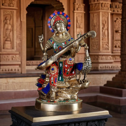 Brass Gem Stone Work Saraswati for Home and Decor Height 15 Inches & Weight 10 Kgs