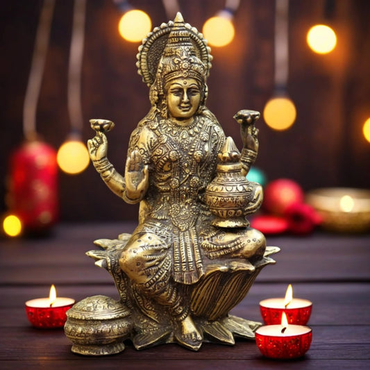 Brassaura™ Handcrafted Brass Laxmi Idol – Height 7 Inches & Weight 1.7 Kgs | Devotional Statue