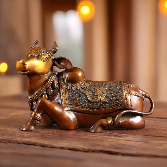 Brassaura™ Handcrafted Brass Nandi Statue with Om & Swastik Symbols | Traditional Spiritual Décor | Weight 7 Kgs | Height 7.5 Inches