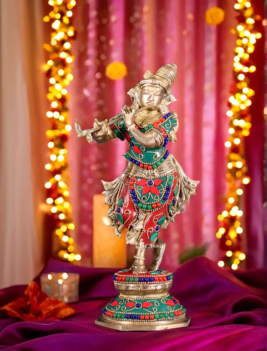 BrassAura™ Unique Brass Krishna Statue – Floral Stonework Design | Height 9.5 Inch | Weight 2 Kg