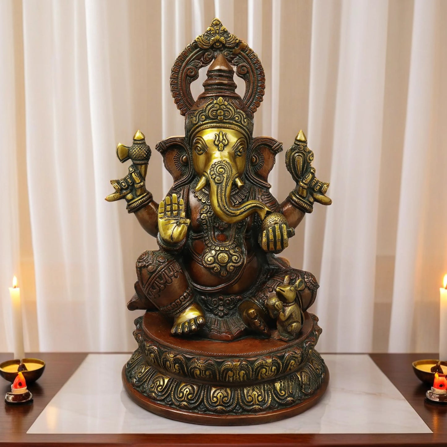 Brassaura™ Brass Ganesh on Pedestal in Blessing Posture – Height 14.5 Inches, Weight 11.37 Kgs